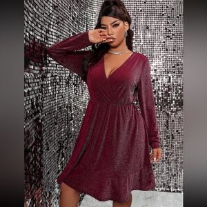 SHEIN Burgundy Long Sleeve V-Neck Fit and Flare Dress
